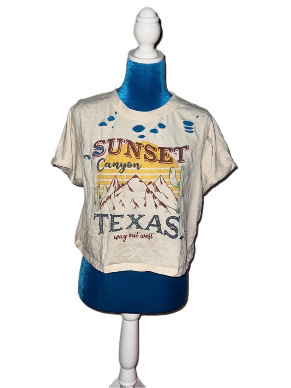 Recycle Brand Sunset Canyon Texas Graphic Crop Tee - Cream